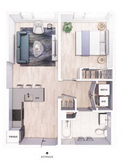 A floor plan of a small apartment with a kitchen, living room, and bathroom.